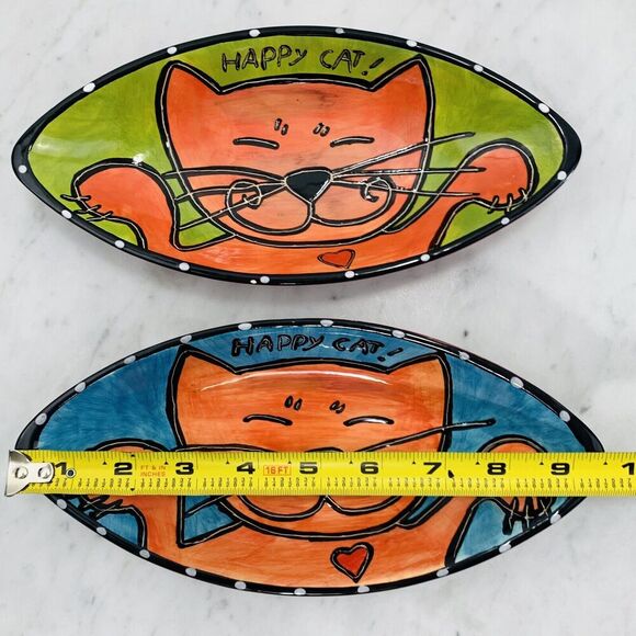 LOT (2) Outi Happy Cat Oval Bowls 9.5"x4.5" Blue Green Red Dish Hand Painted EUC - Picture 6 of 8